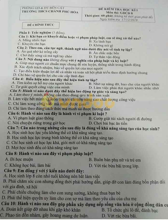 Đề thi học kì 1 lớp 8 môn GDCD trường THCS Chánh Phú Hòa Bến Cát năm