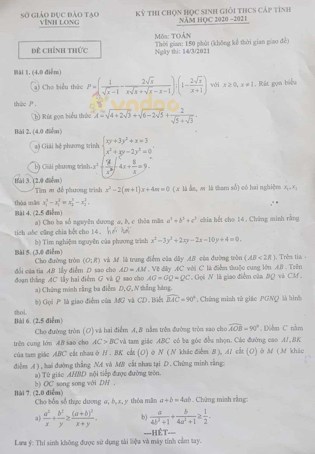 Đề thi chọn học sinh giỏi lớp môn Toán Sở GD ĐT Vĩnh Long năm