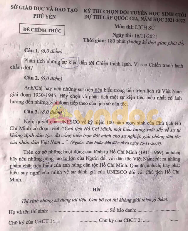 Đề thi chọn đội tuyển HSG Quốc gia môn Lịch sử năm 2021 2022 tỉnh Phú