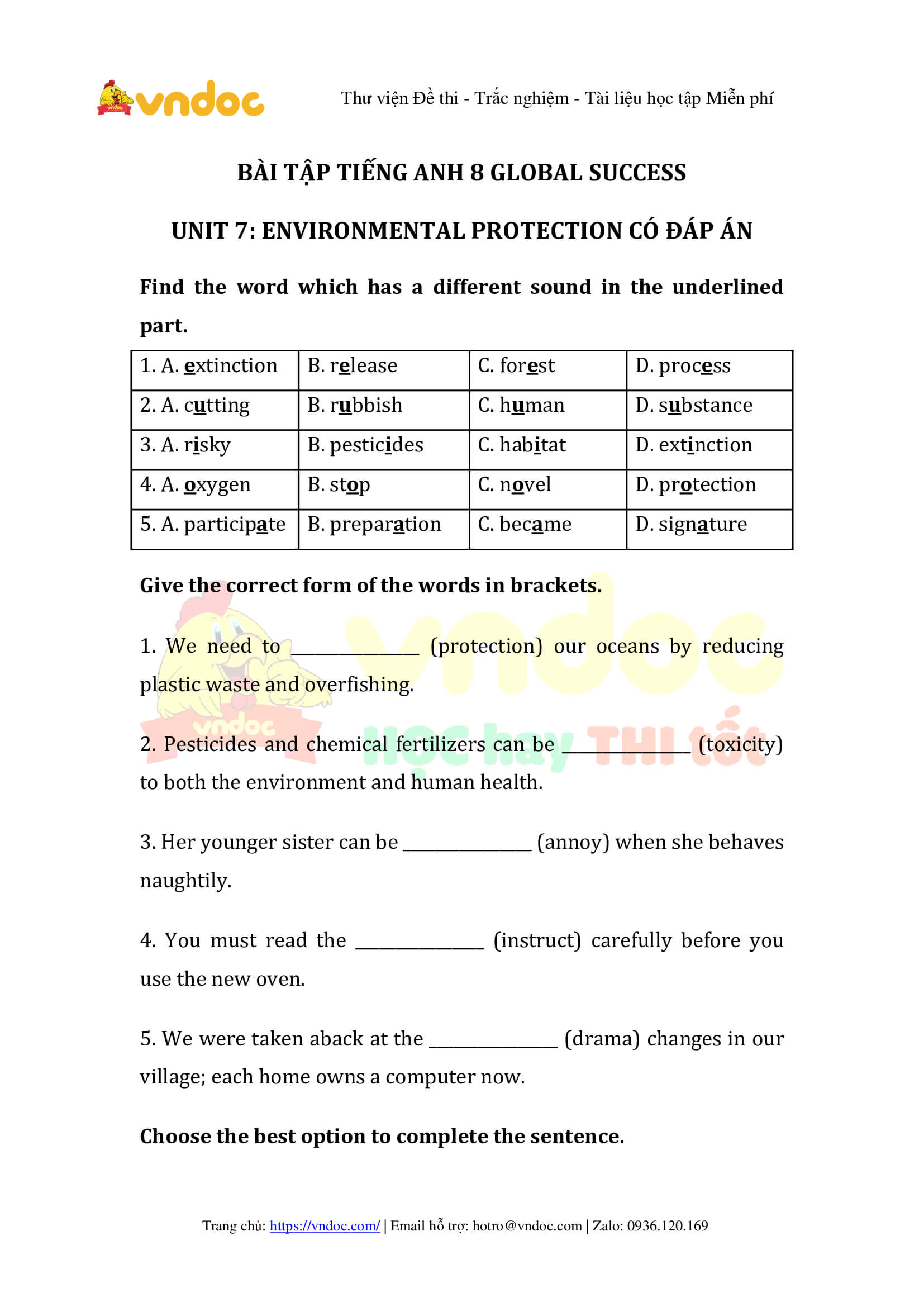 Bài tập tiếng Anh lớp 8 Unit 7 Environmental Protection Global success