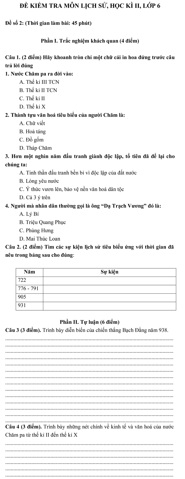 Đề thi học kì 2 lớp 6 môn Lịch Sử Đề thi học kì 2 lớp 6 môn Lịch Sử