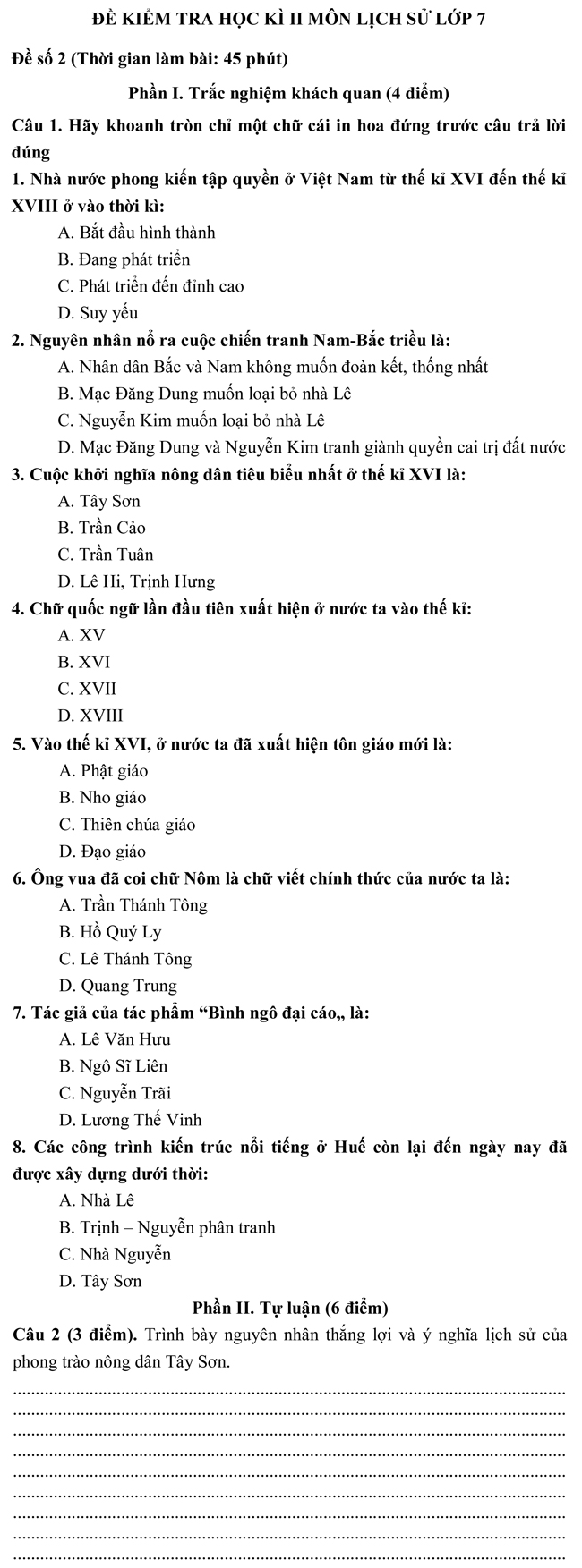 Đề Kiểm Tra Học Kì Ii Lớp 7 Môn Lịch Sử - Đề Số 2 - Thư Viện Đề Thi -