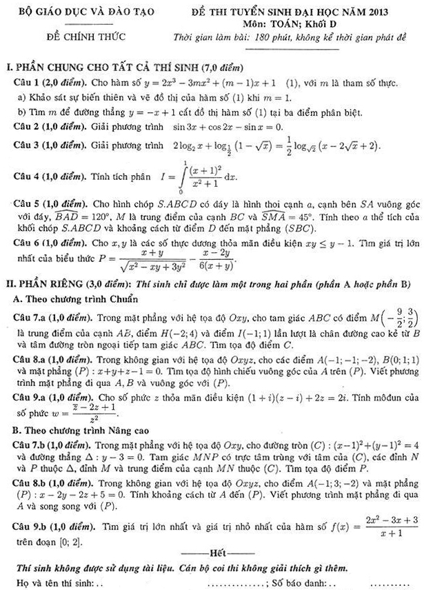 Đề thi - Đáp án thi Đại học năm 2013 - Khối D