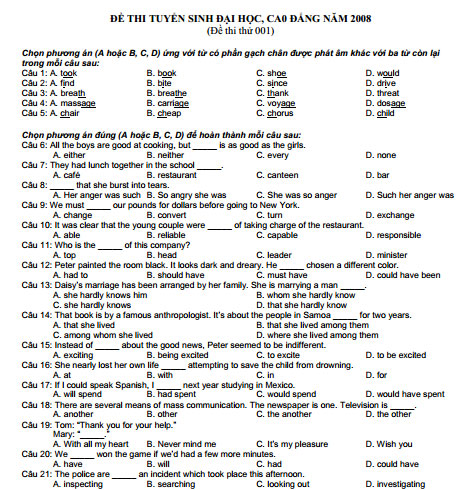 Đề thi đại học khối D