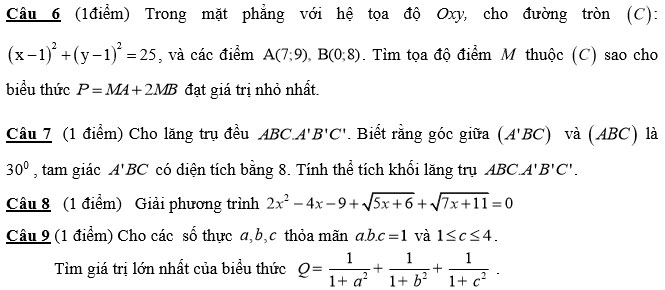 Môn : Toán 12; Khối D   Thời gian: 180  phút (Không kể giao đề) 