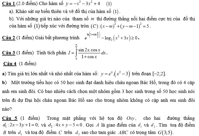Môn : Toán 12; Khối D   Thời gian: 180  phút (Không kể giao đề) 