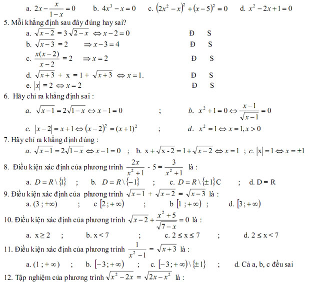 Câu hỏi trắc nghiệm Toán học lớp 10 Câu hỏi trắc nghiệm Toán học lớp 10