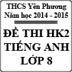 Đề thi học kì 2 môn Tiếng Anh lớp 8 năm 2015 trường THCS Yên Phương, Vĩnh Phúc