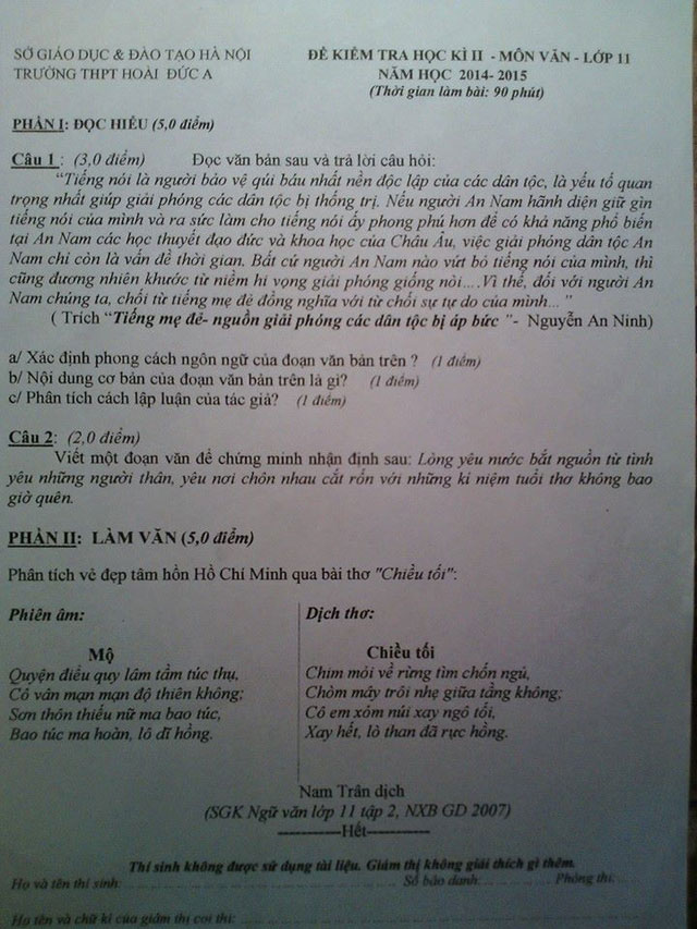 Đề thi học kì 2 môn Ngữ văn 11