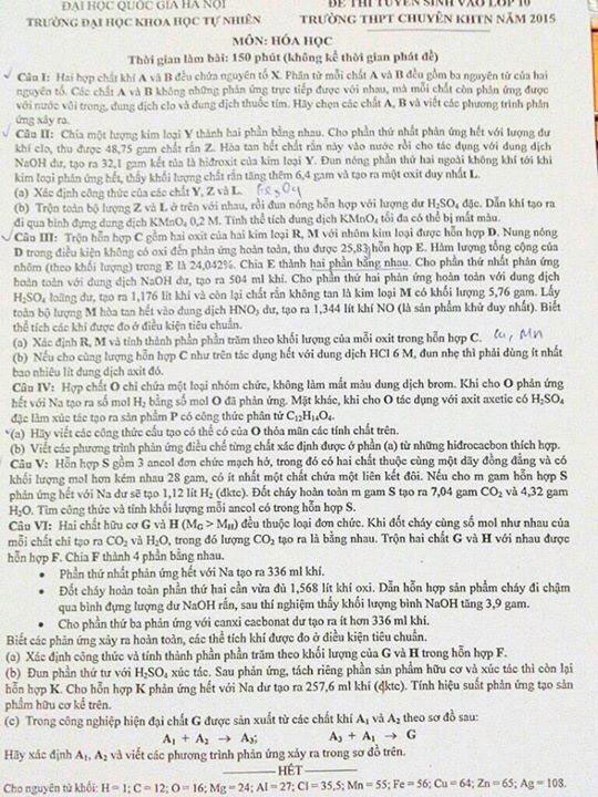 Đề thi tuyển sinh môn Hóa