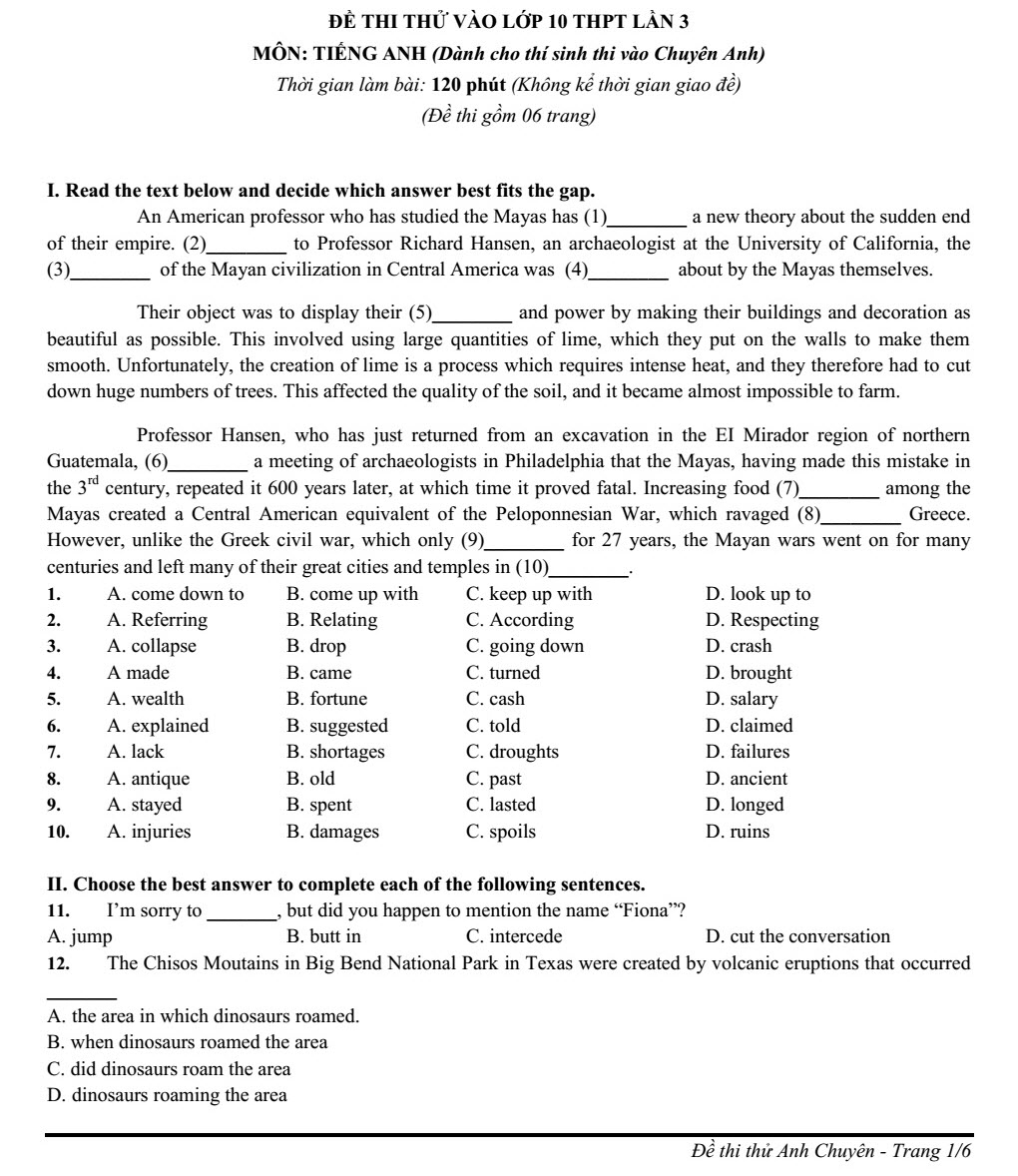 Đề thi thử tuyển sinh vào lớp 10 môn Tiếng Anh có đáp án