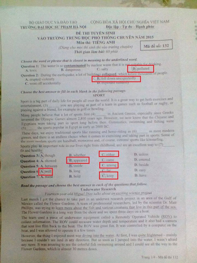 Đề thi vào lớp 10 môn tiếng Anh trường THPT Chuyên Sư Phạm