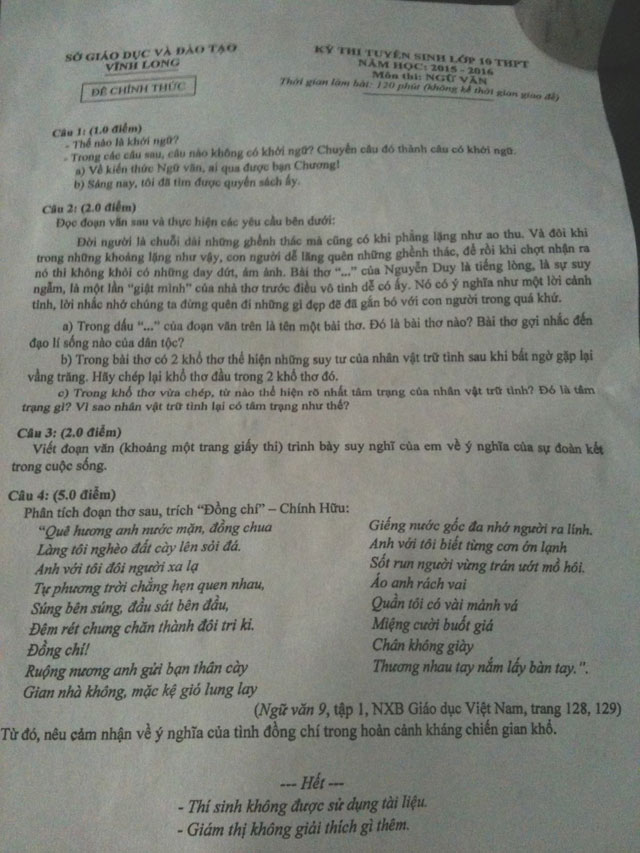 Đề thi vào lớp 10 môn Ngữ văn 