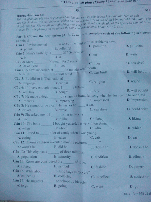 Đề thi vào lớp 10 môn tiếng Anh