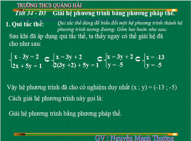 Bài giảng Giải hệ phương trình bằng phương pháp thế Bài giảng Đại số 9