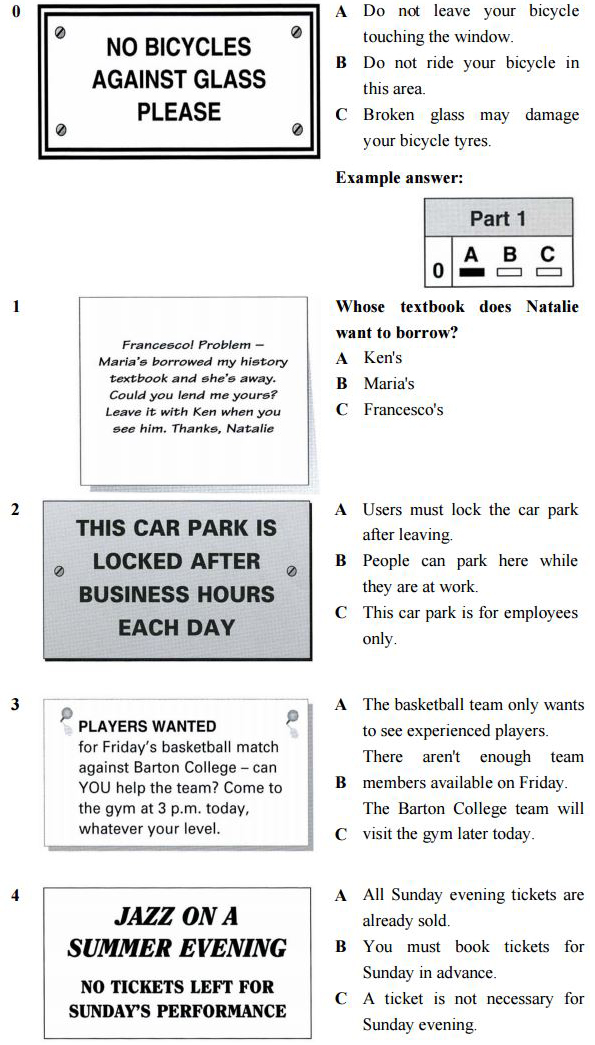 PET Reading and Writing test