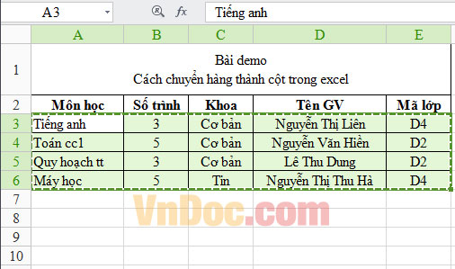 Cách chuyển cột thành dòng trong Excel Chuyển cột thành dòng trong Excel