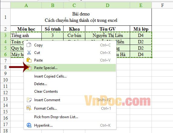 Cách chuyển cột thành dòng trong Excel Chuyển cột thành dòng trong Excel
