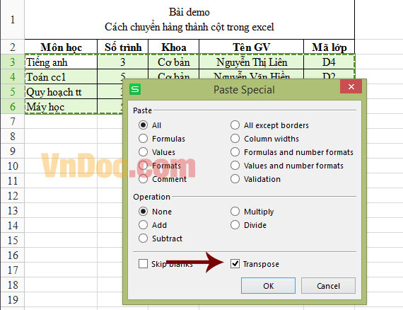 Cách chuyển cột thành dòng trong Excel Chuyển cột thành dòng trong Excel