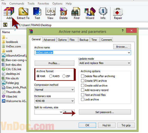 Để tạo mật khẩu cho file nén bạn nhấn vào mục Set password Tạo mật khẩu file nén bằng winrar