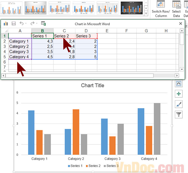 Bảng Excel để thiếp lập các giá trị cho biểu đồ Tạo biểu đồ trong word