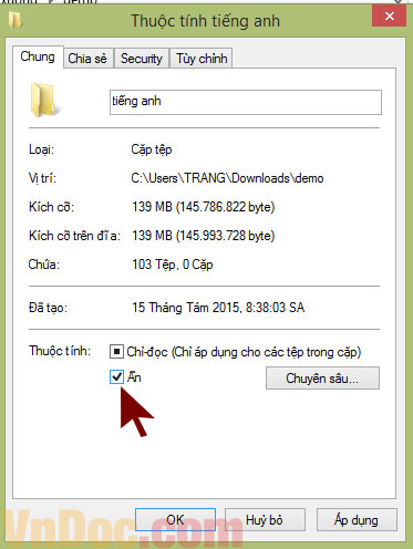Chọn mục ẩn để ẩn thư mục, file Cách ẩn và hiện file trong windows