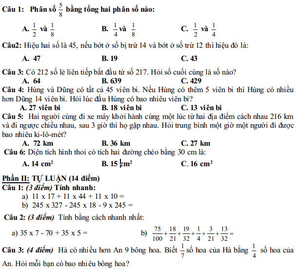 Đề giao lưu học sinh giỏi môn Toán lớp 4