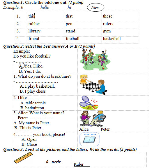 Đề thi học kỳ 1 môn tiếng Anh lớp 3