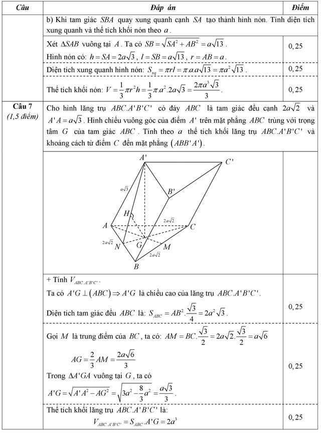 Đáp án đề thi học kì 1 môn Toán lớp 12