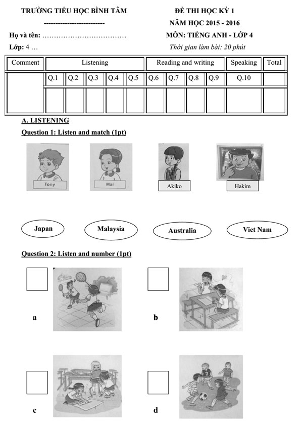 Đề thi học kỳ 1 môn tiếng Anh lớp 4 