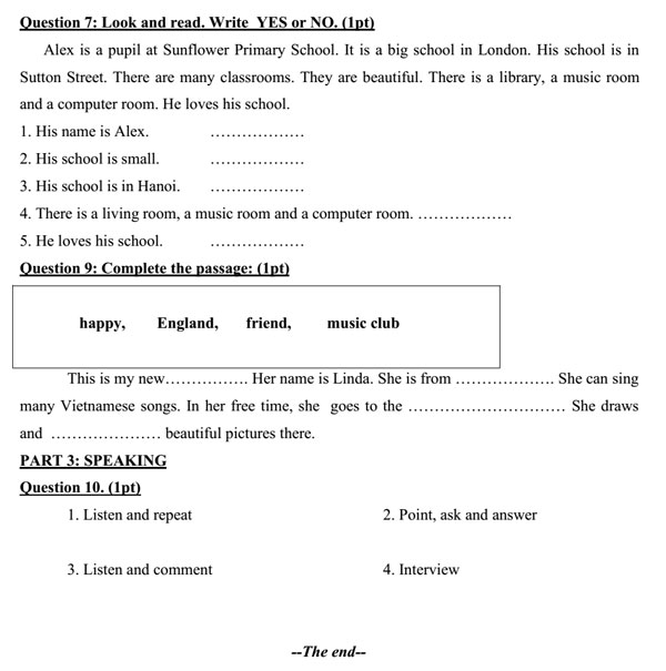 Đề thi học kỳ 1 môn tiếng Anh lớp 4 