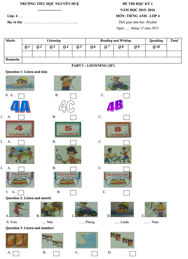 Đề thi học kỳ 1 môn tiếng Anh lớp 4 
