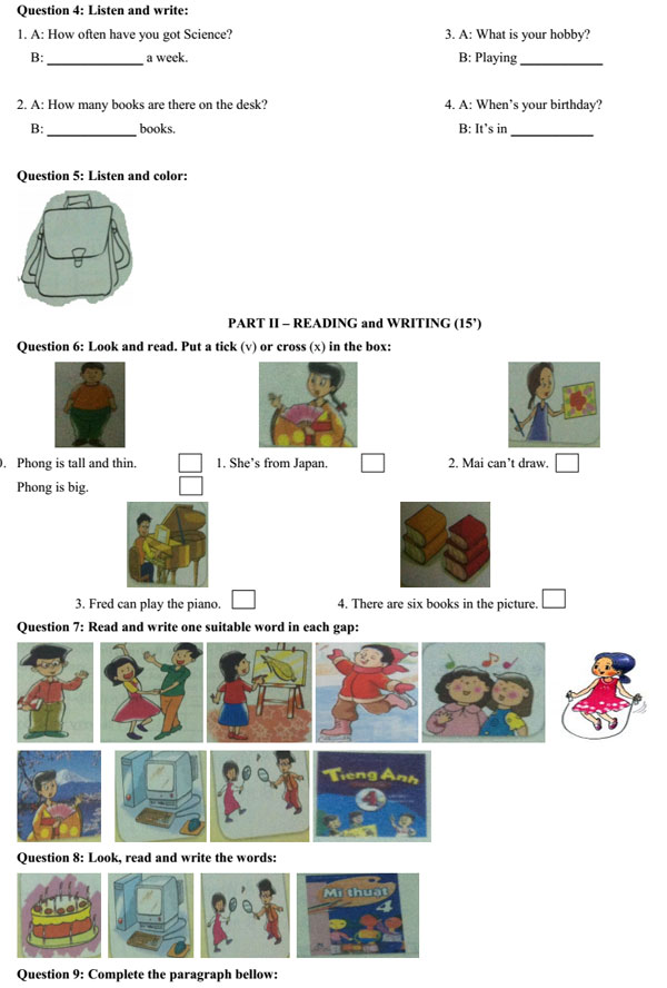 Đề thi học kỳ 1 môn tiếng Anh lớp 4 