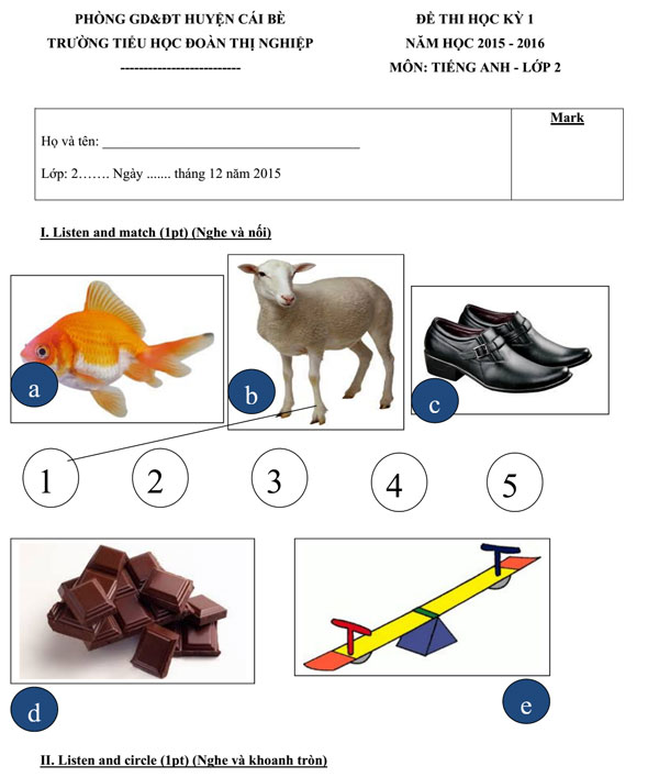 Đề thi học kỳ 1 môn tiếng Anh lớp 2 