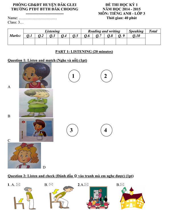 Đề thi học kỳ 1 môn tiếng Anh lớp 3