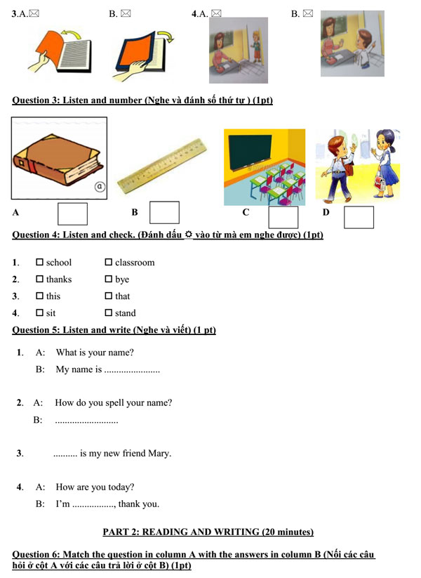 Đề thi học kỳ 1 môn tiếng Anh lớp 3 