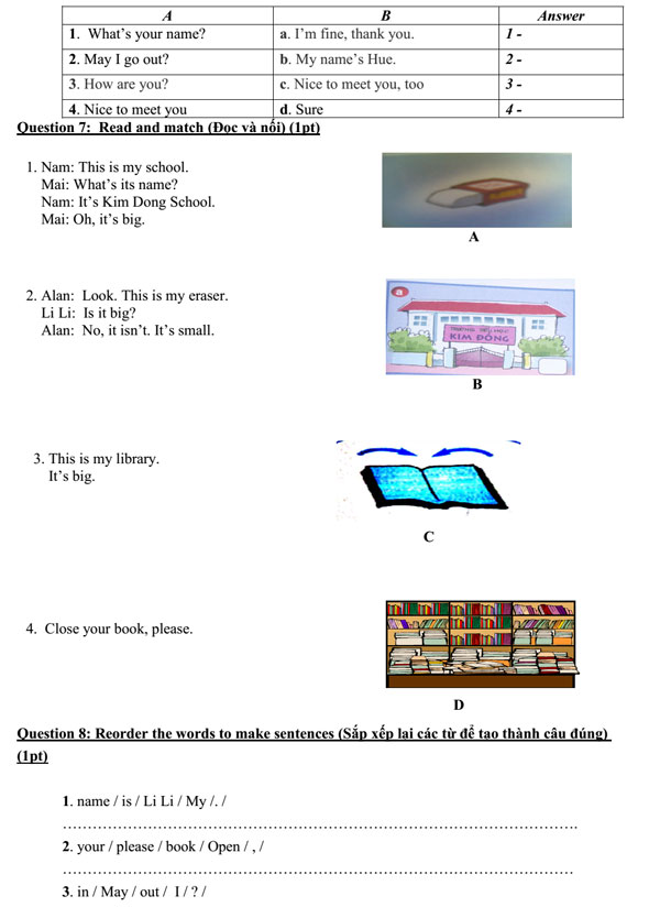 Đề thi học kỳ 1 môn tiếng Anh lớp 3 