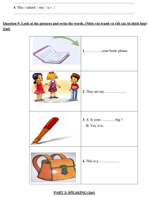 Đề thi học kỳ 1 môn tiếng Anh lớp 3