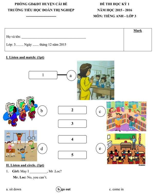Đề thi học kỳ 1 môn tiếng Anh lớp 3 