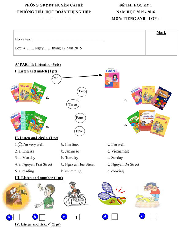 Đề thi học kỳ 1 môn tiếng Anh lớp 4 