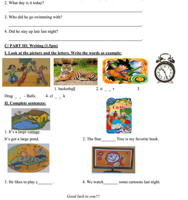 Đề thi học kỳ 1 môn tiếng Anh lớp 5 