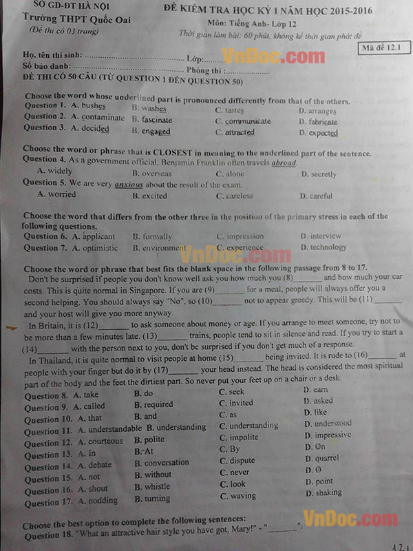 Đề thi học kỳ 1 môn tiếng Anh lớp 12 Đề thi cuối kì 1 môn tiếng Anh lớp 12