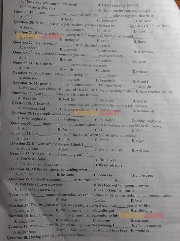 Đề thi học kỳ 1 môn tiếng Anh lớp 12 Đề thi cuối kì 1 môn tiếng Anh lớp 12