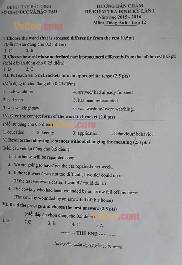 Đề kiểm tra học kỳ 1 môn tiếng Anh lớp 12