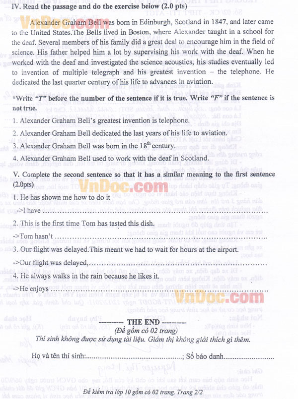Đề kiểm tra học kỳ 1 môn tiếng Anh lớp 10 có đáp án
