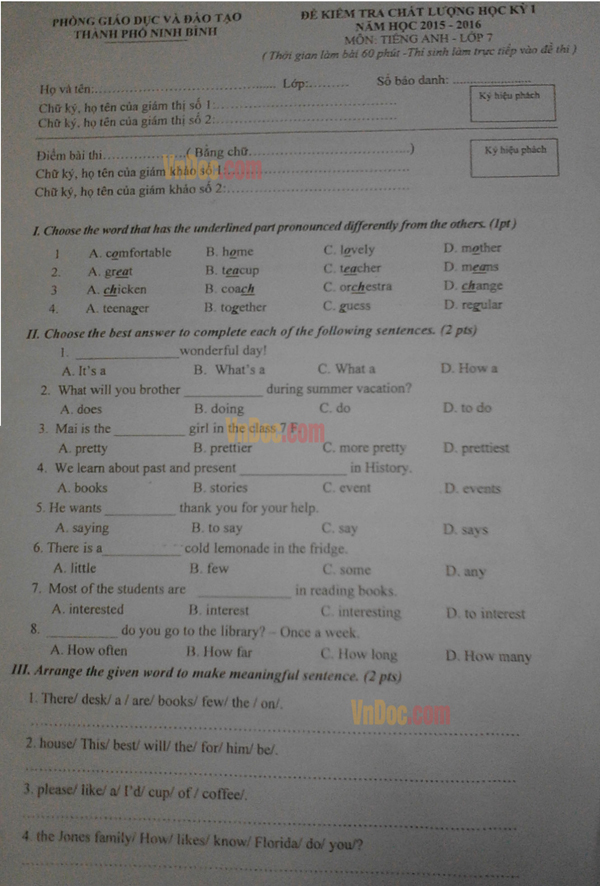 Đề kiểm tra học kỳ 1 môn tiếng Anh lớp 7