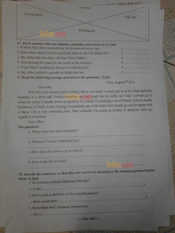 Đề kiểm tra học kỳ 1 môn tiếng Anh lớp 7 