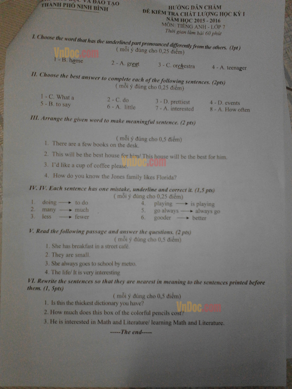 Đề kiểm tra học kỳ 1 môn tiếng Anh lớp 7  