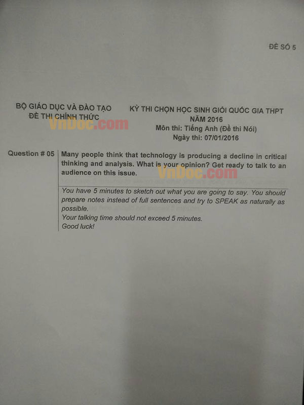 Đề thi chọn học sinh giỏi Quốc gia năm 2016 môn Tiếng Anh  