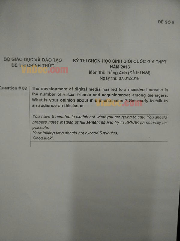 Đề thi chọn học sinh giỏi Quốc gia năm 2016 môn Tiếng Anh  